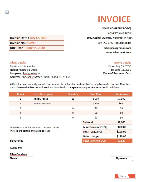 Advertising Company Invoice Template PSD template